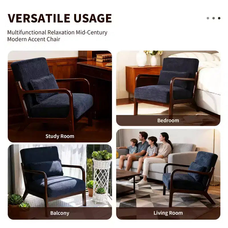 Sillón tapizado de estilo moderno de mediados de siglo con estructura de madera maciza y cojín lumbar