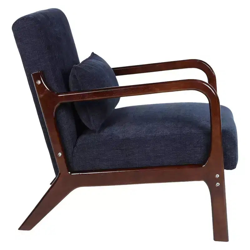 Sillón tapizado de estilo moderno de mediados de siglo con estructura de madera maciza y cojín lumbar