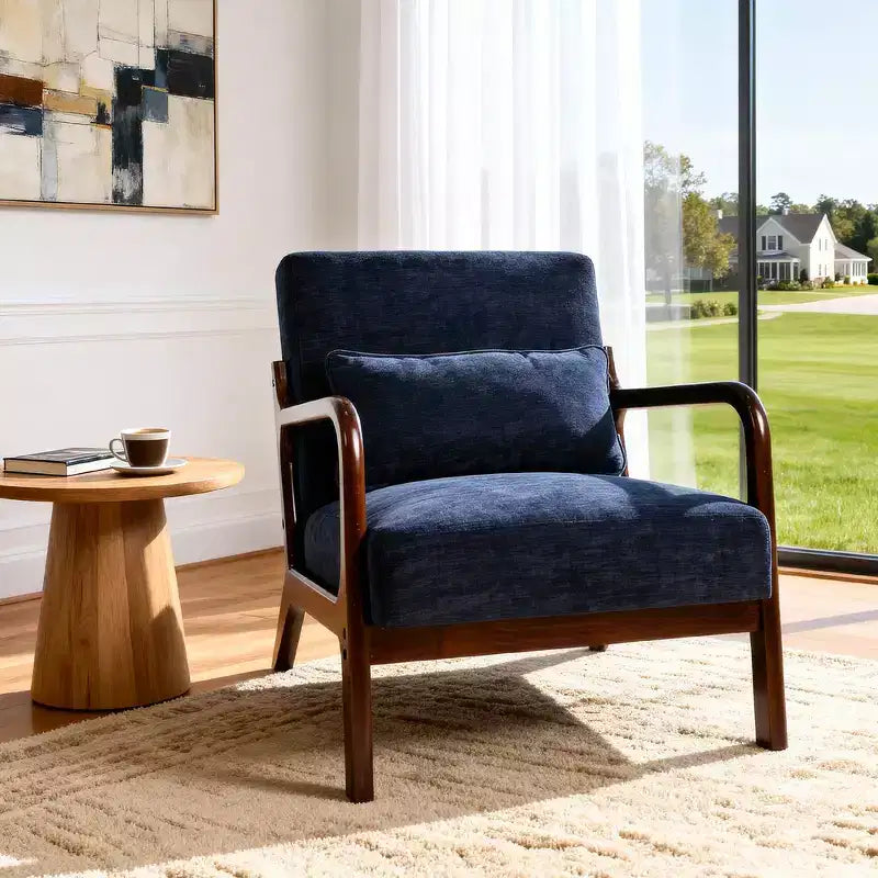 Zeus & Ruta Mid-Century Modern Upholstered Accent Armchair with Solid Wood Frame & Lumbar Pillow