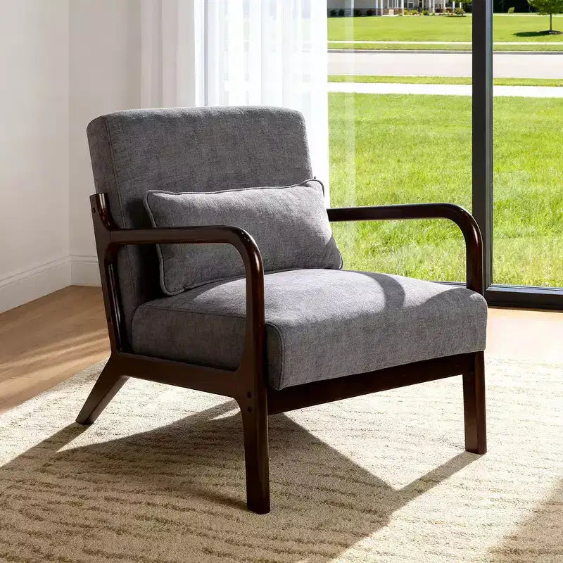 Sillón tapizado de estilo moderno de mediados de siglo con estructura de madera maciza y cojín lumbar