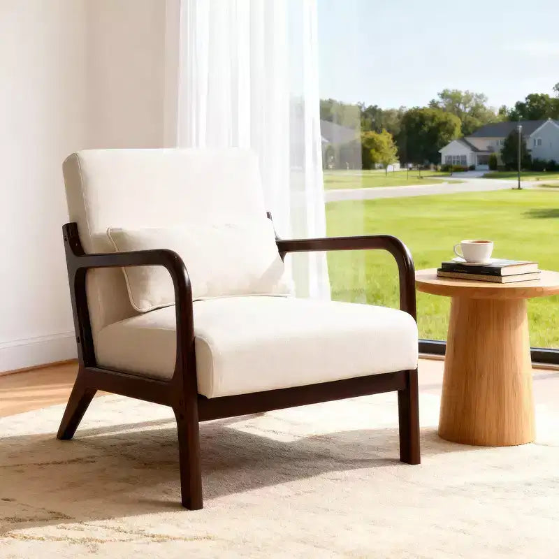 Sillón tapizado de estilo moderno de mediados de siglo con estructura de madera maciza y cojín lumbar