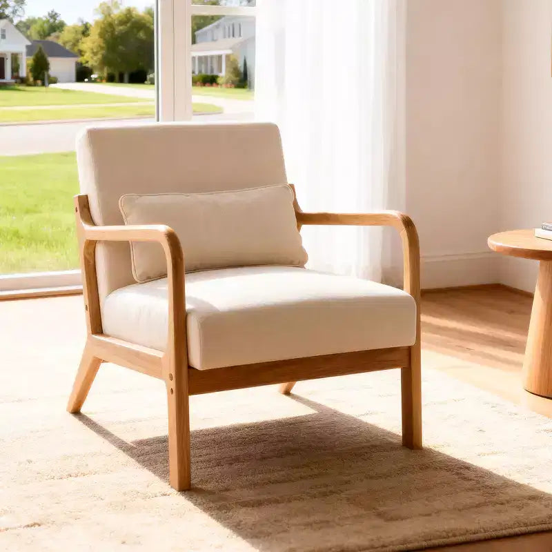 Sillón tapizado de estilo moderno de mediados de siglo con estructura de madera maciza y cojín lumbar