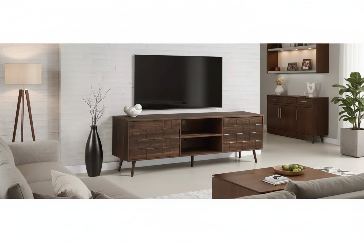 JVNOXK 72-inch Medieval-Style TV Console, Storage Cabinet with Push-to-Lock Mechanism, Suitable for Living Rooms, Walnut Veneer, Walnut