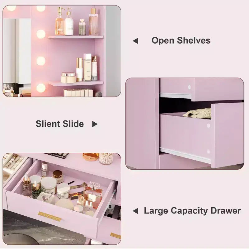 Tocador moderno con espejo - 8 cajones grandes, estantes de 2 niveles, organizador de maquillaje para dormitorio, elegante mesa de tocador para decoración del hogar