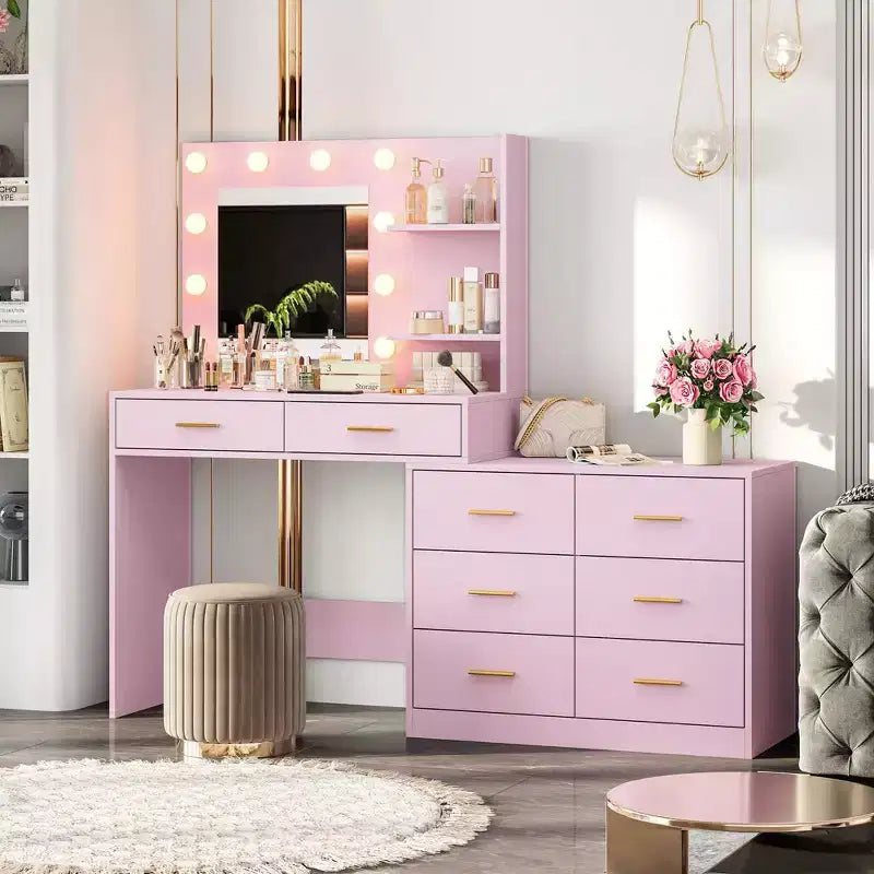 Tocador moderno con espejo - 8 cajones grandes, estantes de 2 niveles, organizador de maquillaje para dormitorio, elegante mesa de tocador para decoración del hogar
