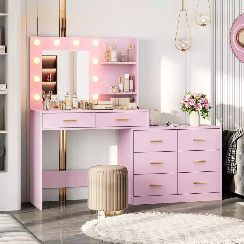 Tocador moderno con espejo - 8 cajones grandes, estantes de 2 niveles, organizador de maquillaje para dormitorio, elegante mesa de tocador para decoración del hogar