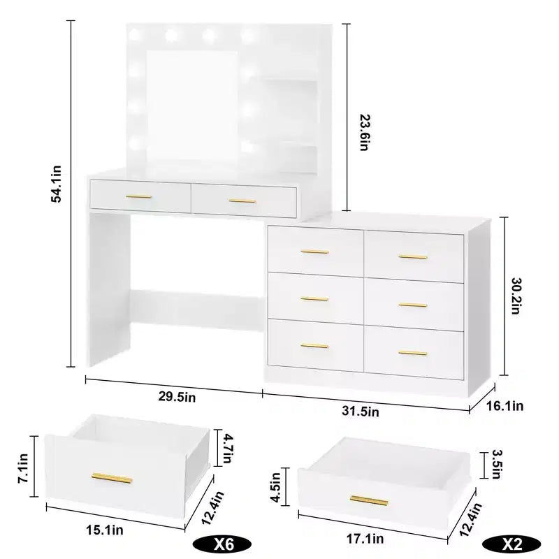 Tocador moderno con espejo - 8 cajones grandes, estantes de 2 niveles, organizador de maquillaje para dormitorio, elegante mesa de tocador para decoración del hogar