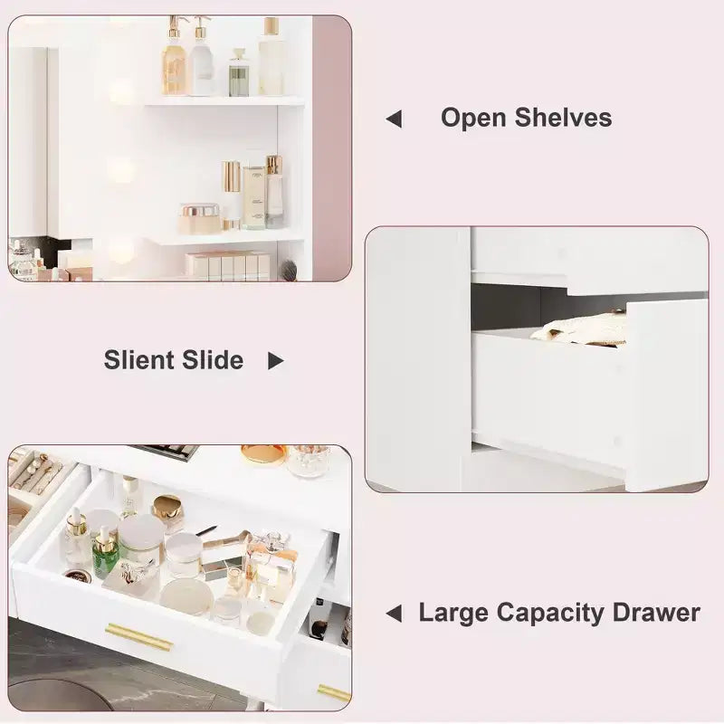 Tocador moderno con espejo - 8 cajones grandes, estantes de 2 niveles, organizador de maquillaje para dormitorio, elegante mesa de tocador para decoración del hogar