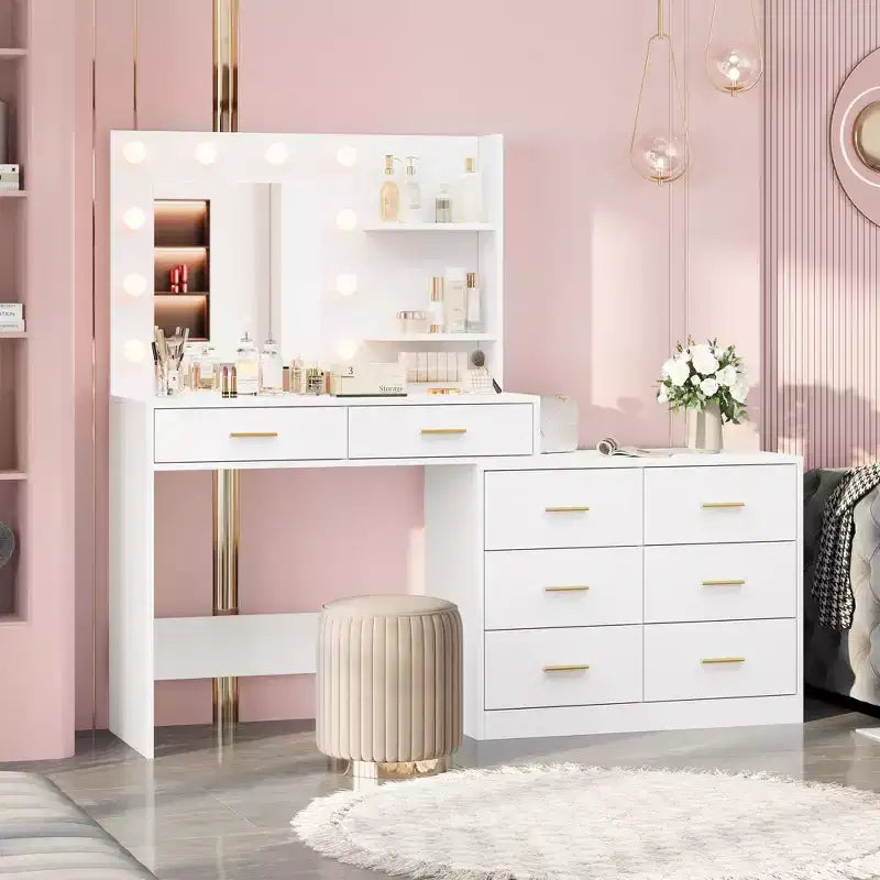 Tocador moderno con espejo - 8 cajones grandes, estantes de 2 niveles, organizador de maquillaje para dormitorio, elegante mesa de tocador para decoración del hogar