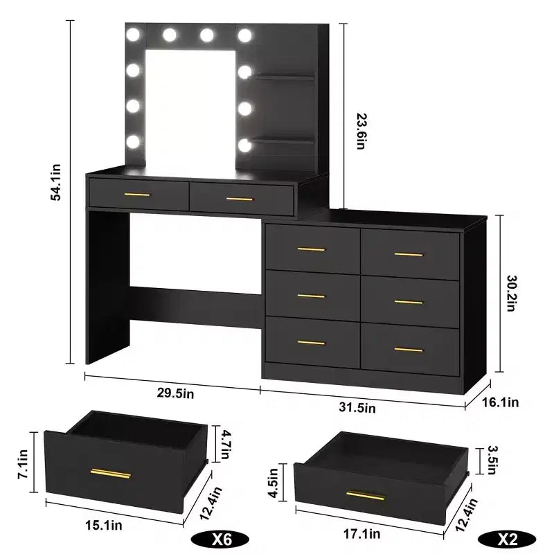 Tocador moderno con espejo - 8 cajones grandes, estantes de 2 niveles, organizador de maquillaje para dormitorio, elegante mesa de tocador para decoración del hogar