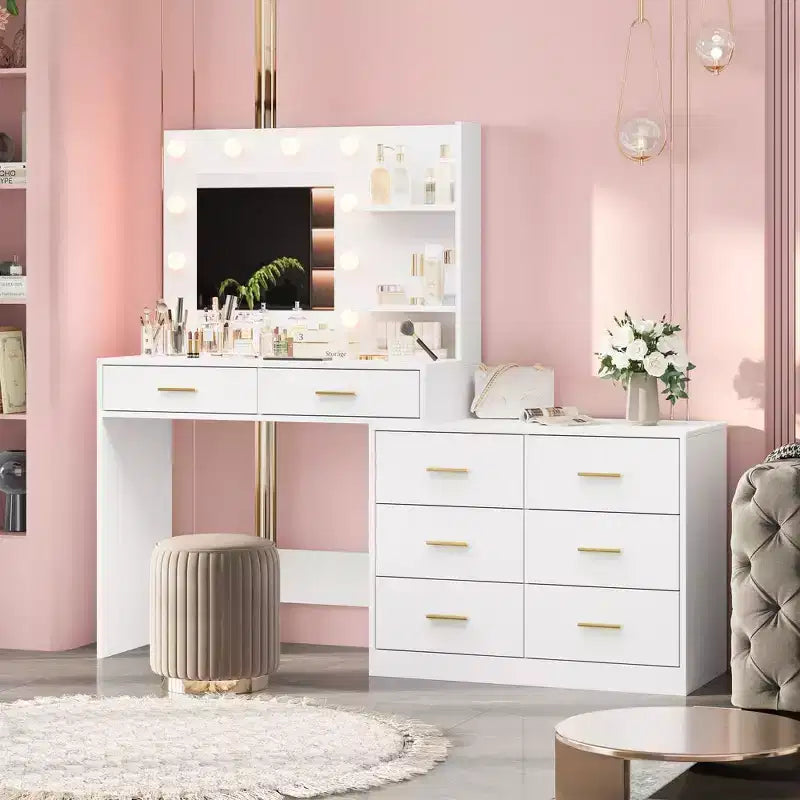 Tocador moderno con espejo - 8 cajones grandes, estantes de 2 niveles, organizador de maquillaje para dormitorio, elegante mesa de tocador para decoración del hogar