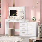 Tocador moderno con espejo - 8 cajones grandes, estantes de 2 niveles, organizador de maquillaje para dormitorio, elegante mesa de tocador para decoración del hogar