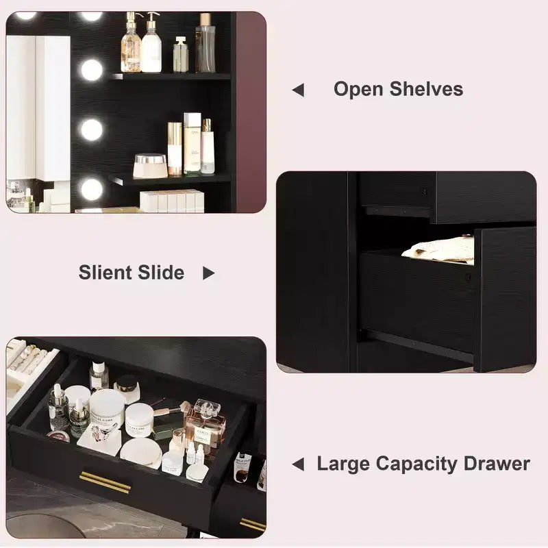 Tocador moderno con espejo - 8 cajones grandes, estantes de 2 niveles, organizador de maquillaje para dormitorio, elegante mesa de tocador para decoración del hogar