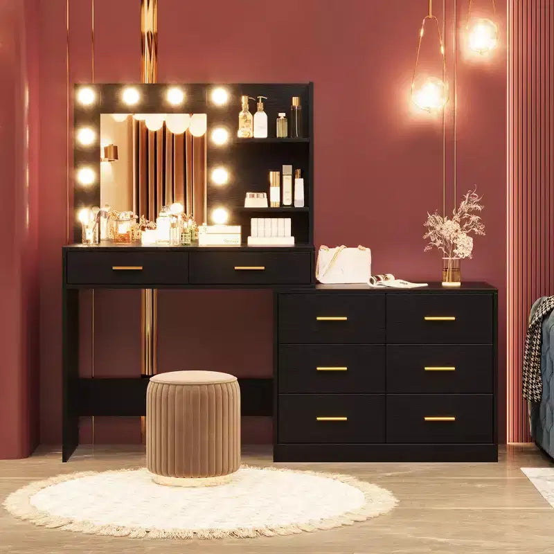 Tocador moderno con espejo - 8 cajones grandes, estantes de 2 niveles, organizador de maquillaje para dormitorio, elegante mesa de tocador para decoración del hogar
