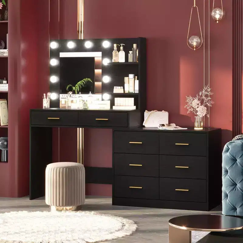 Tocador moderno con espejo - 8 cajones grandes, estantes de 2 niveles, organizador de maquillaje para dormitorio, elegante mesa de tocador para decoración del hogar