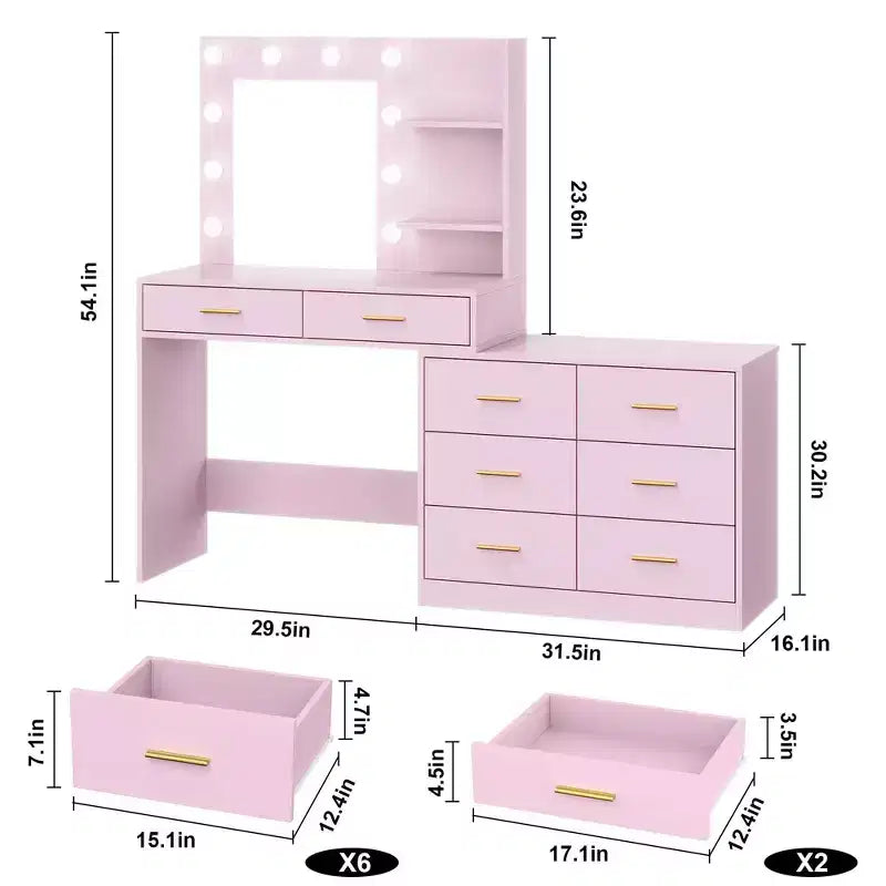 Tocador moderno con espejo - 8 cajones grandes, estantes de 2 niveles, organizador de maquillaje para dormitorio, elegante mesa de tocador para decoración del hogar