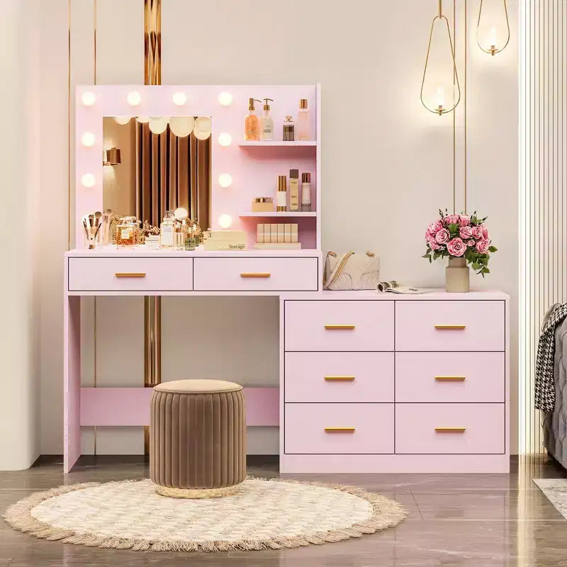 Tocador moderno con espejo - 8 cajones grandes, estantes de 2 niveles, organizador de maquillaje para dormitorio, elegante mesa de tocador para decoración del hogar