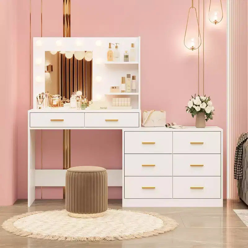 Tocador moderno con espejo - 8 cajones grandes, estantes de 2 niveles, organizador de maquillaje para dormitorio, elegante mesa de tocador para decoración del hogar