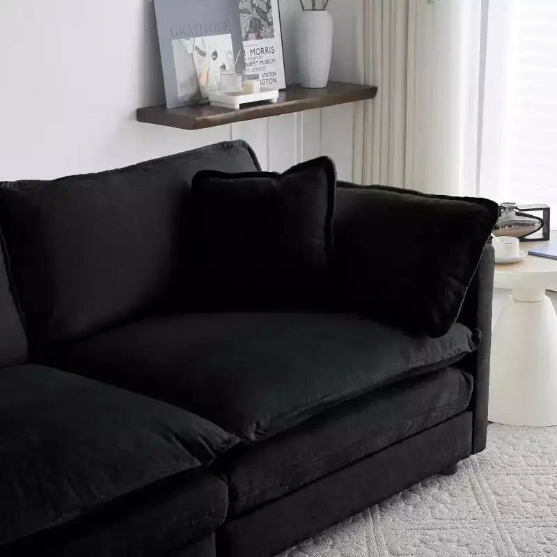 Sofá moderno de dos plazas tapizado grande y profundo de 2 asientos con 4 almohadas para sala de estar, color negro