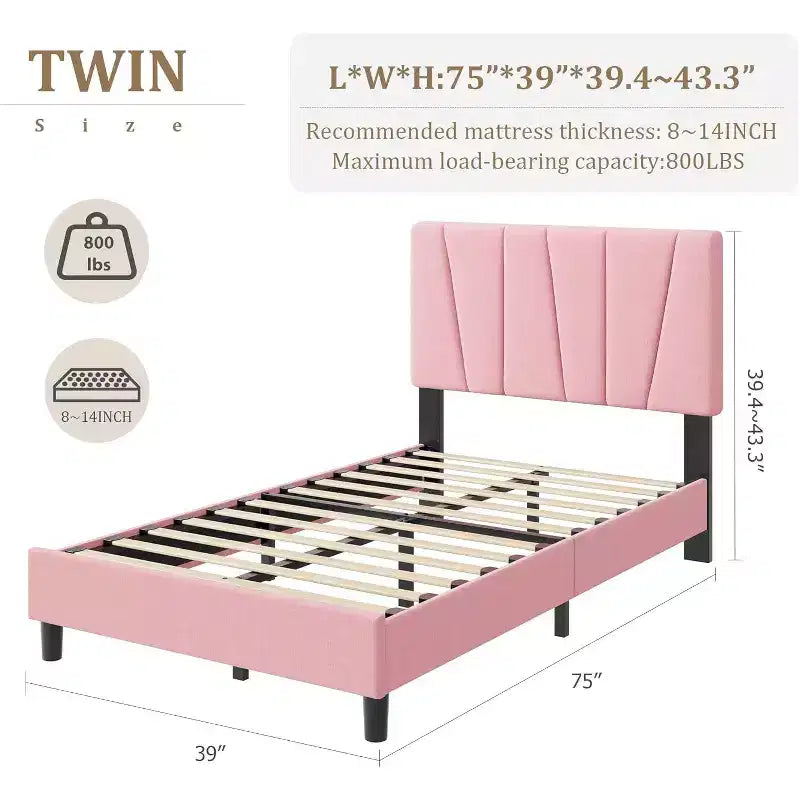 Estructura de cama individual con cabecero ajustable - Cama de plataforma tapizada en lino con soporte de listones de madera