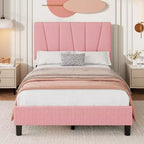 Estructura de cama individual con cabecero ajustable - Cama de plataforma tapizada en lino con soporte de listones de madera