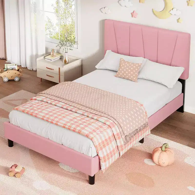 Estructura de cama individual con cabecero ajustable - Cama de plataforma tapizada en lino con soporte de listones de madera