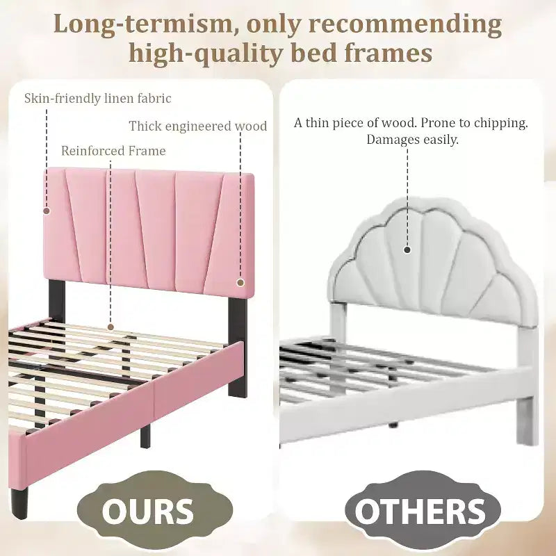 Estructura de cama individual con cabecero ajustable - Cama de plataforma tapizada en lino con soporte de listones de madera