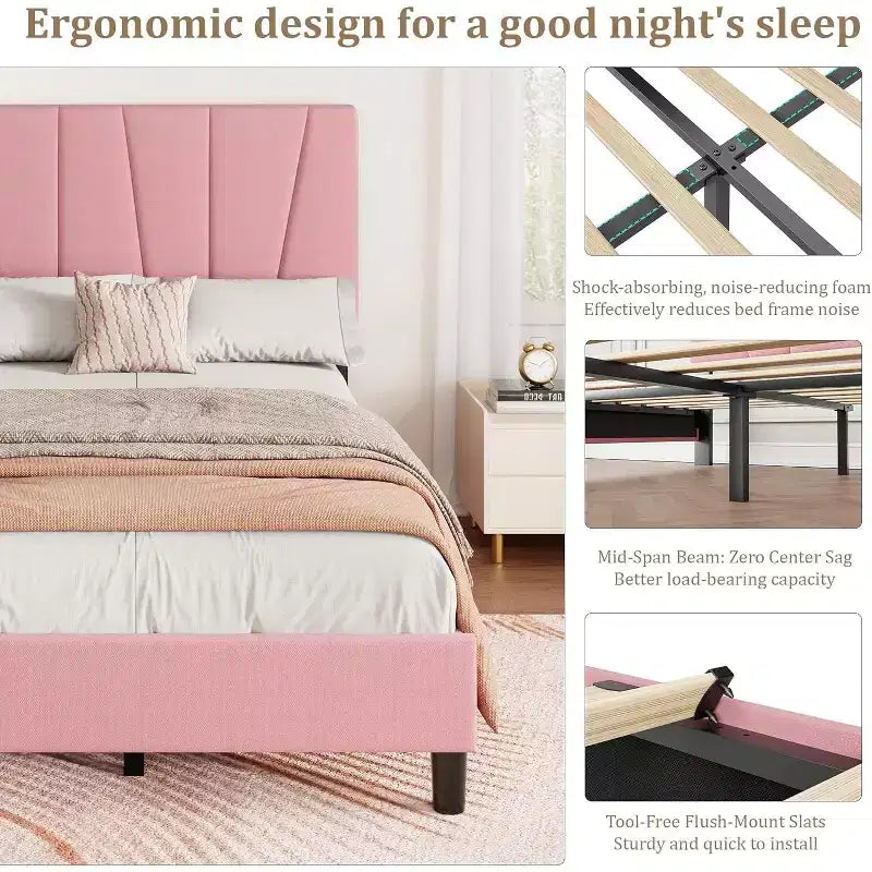 Estructura de cama individual con cabecero ajustable - Cama de plataforma tapizada en lino con soporte de listones de madera