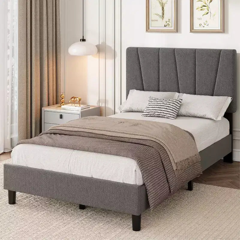 Estructura de cama individual con cabecero ajustable - Cama de plataforma tapizada en lino con soporte de listones de madera