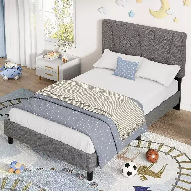 Estructura de cama individual con cabecero ajustable - Cama de plataforma tapizada en lino con soporte de listones de madera