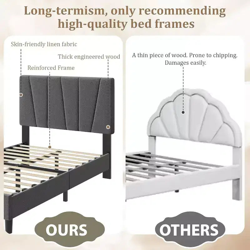 Estructura de cama individual con cabecero ajustable - Cama de plataforma tapizada en lino con soporte de listones de madera