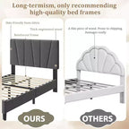 Estructura de cama individual con cabecero ajustable - Cama de plataforma tapizada en lino con soporte de listones de madera