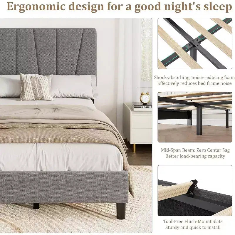Estructura de cama individual con cabecero ajustable - Cama de plataforma tapizada en lino con soporte de listones de madera