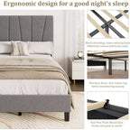 Estructura de cama individual con cabecero ajustable - Cama de plataforma tapizada en lino con soporte de listones de madera