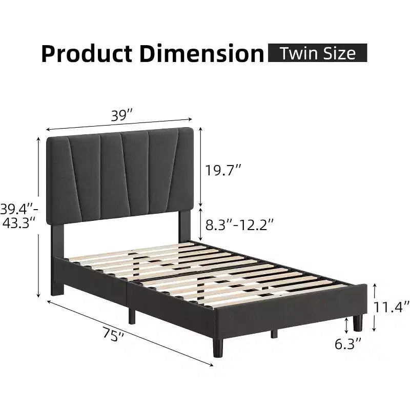 Estructura de cama individual con cabecero ajustable - Cama de plataforma tapizada en lino con soporte de listones de madera