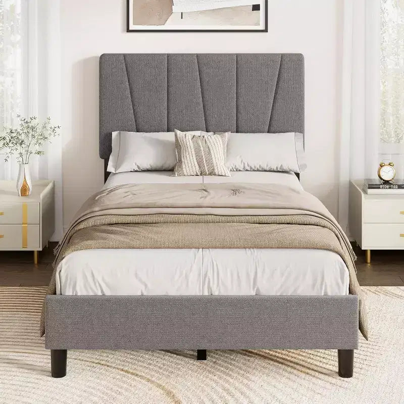 Twin Size Bed Frame with Adjustable Headboard - Linen Upholstered Platform Bed with Wooden Slats Support