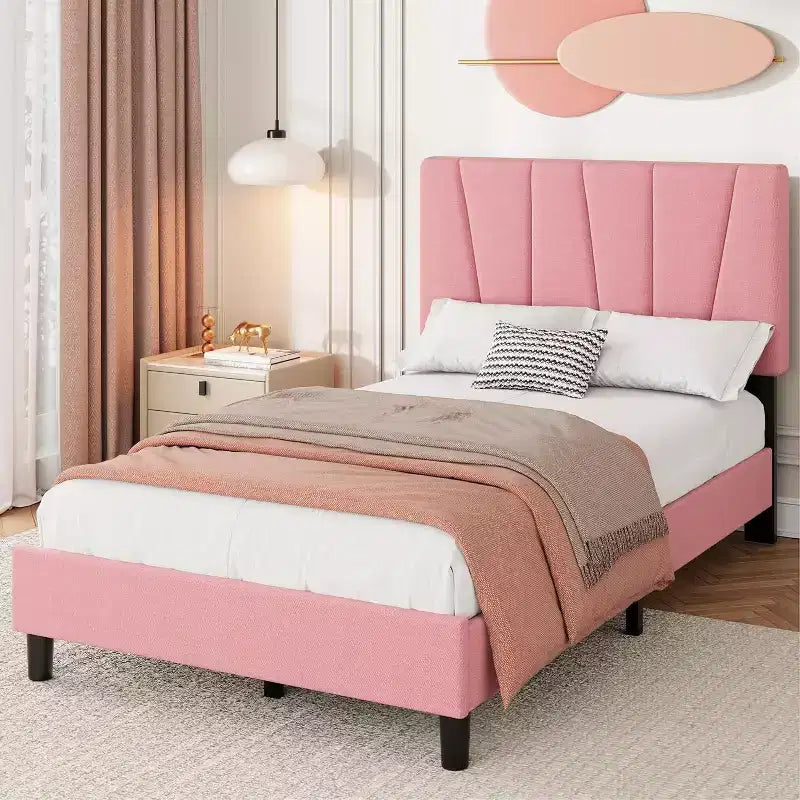 Estructura de cama individual con cabecero ajustable - Cama de plataforma tapizada en lino con soporte de listones de madera
