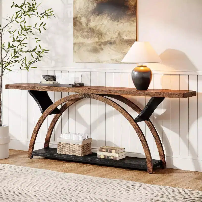 Mesa Consola de 70.87 Pulgadas, Mesa de Sofá Industrial con Estantes de Almacenamiento de 2 Niveles
