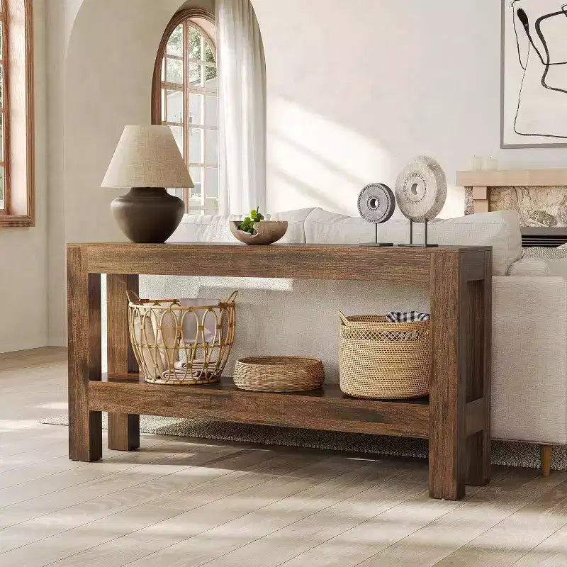 Lantine 63-Inch Wood Entryway Table, Long Farmhouse Narrow Console Table with 2-Tier Shelves for Living Room, Hallway, Behind Couch, Brown