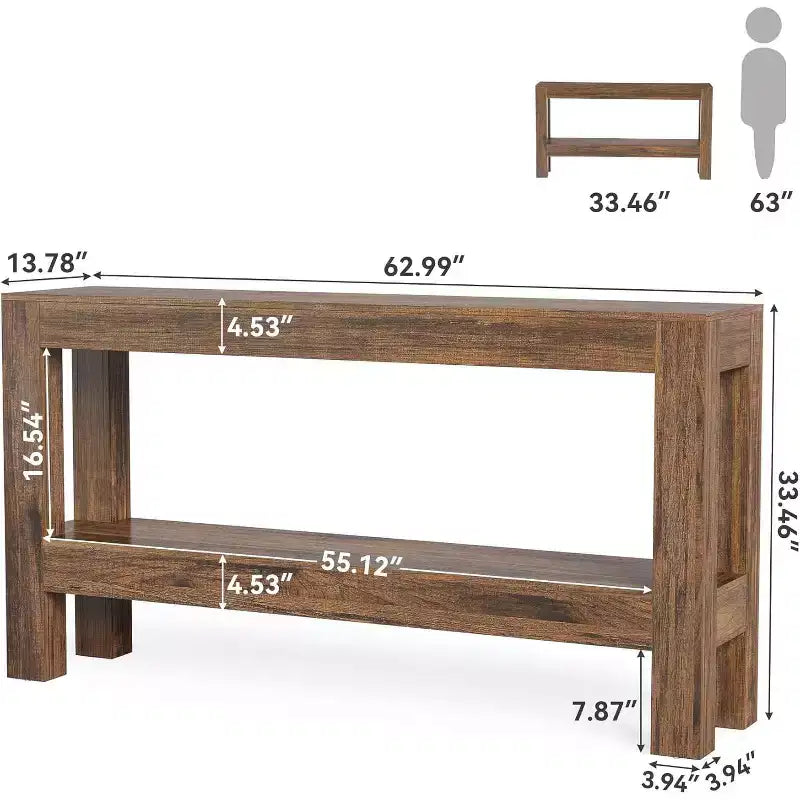 Mesa de Entrada de Madera de 63 Pulgadas, Mesa Consola Estrecha Larga Estilo Rústico con Estantes de 2 Niveles