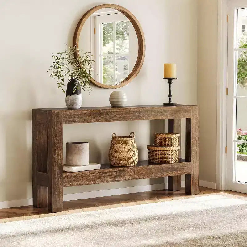Mesa de Entrada de Madera de 63 Pulgadas, Mesa Consola Estrecha Larga Estilo Rústico con Estantes de 2 Niveles