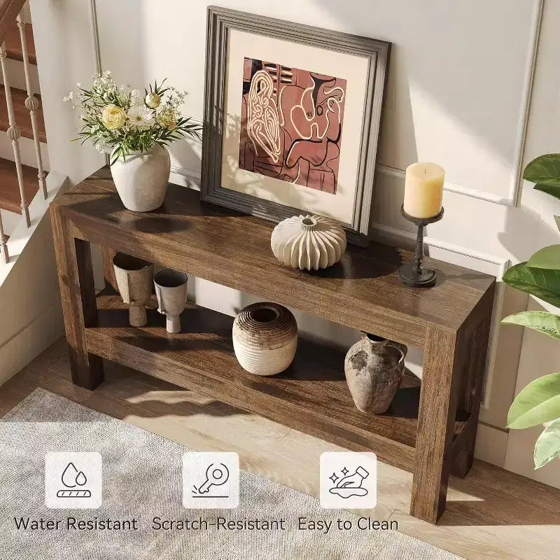 Mesa de Entrada de Madera de 63 Pulgadas, Mesa Consola Estrecha Larga Estilo Rústico con Estantes de 2 Niveles