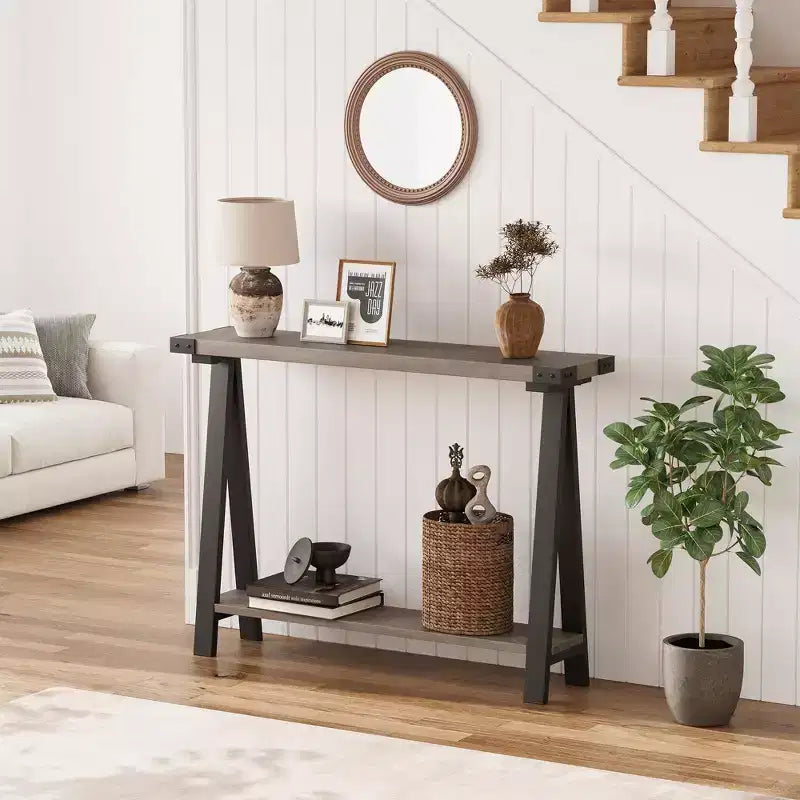 Farmhouse Narrow Sofa Table with Open Shelf & Metal Frame  V-Leg Design Console Table for Living Room, Entryway, Hallway in Gray