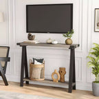 Mesa estrecha de sofá de granja con estante abierto y estructura de metal, diseño de patas en V, mesa consola para sala de estar, entrada, pasillo en gris