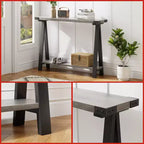 Mesa estrecha de sofá de granja con estante abierto y estructura de metal, diseño de patas en V, mesa consola para sala de estar, entrada, pasillo en gris