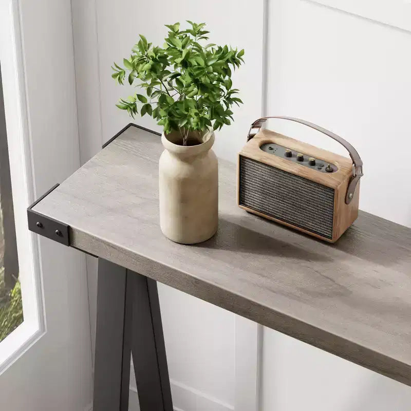 Mesa estrecha de sofá de granja con estante abierto y estructura de metal, diseño de patas en V, mesa consola para sala de estar, entrada, pasillo en gris