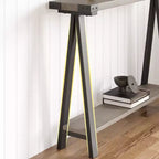 Mesa estrecha de sofá de granja con estante abierto y estructura de metal, diseño de patas en V, mesa consola para sala de estar, entrada, pasillo en gris