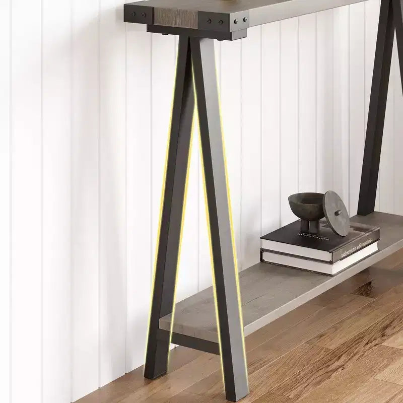 Mesa estrecha de sofá de granja con estante abierto y estructura de metal, diseño de patas en V, mesa consola para sala de estar, entrada, pasillo en gris