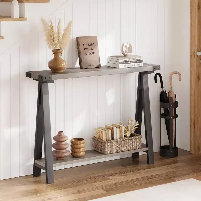 Mesa estrecha de sofá de granja con estante abierto y estructura de metal, diseño de patas en V, mesa consola para sala de estar, entrada, pasillo en gris