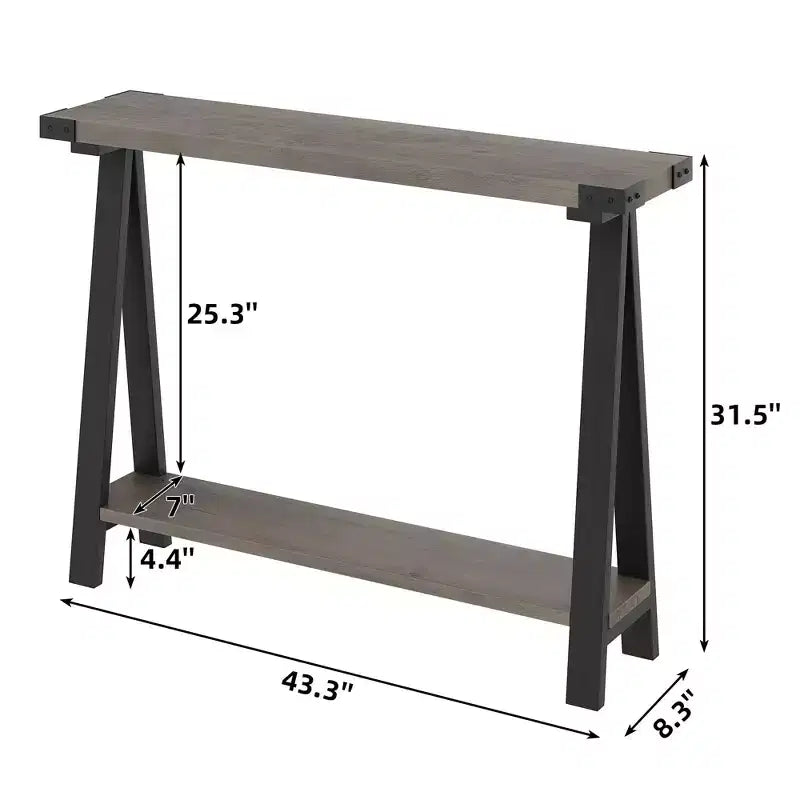 Mesa estrecha de sofá de granja con estante abierto y estructura de metal, diseño de patas en V, mesa consola para sala de estar, entrada, pasillo en gris